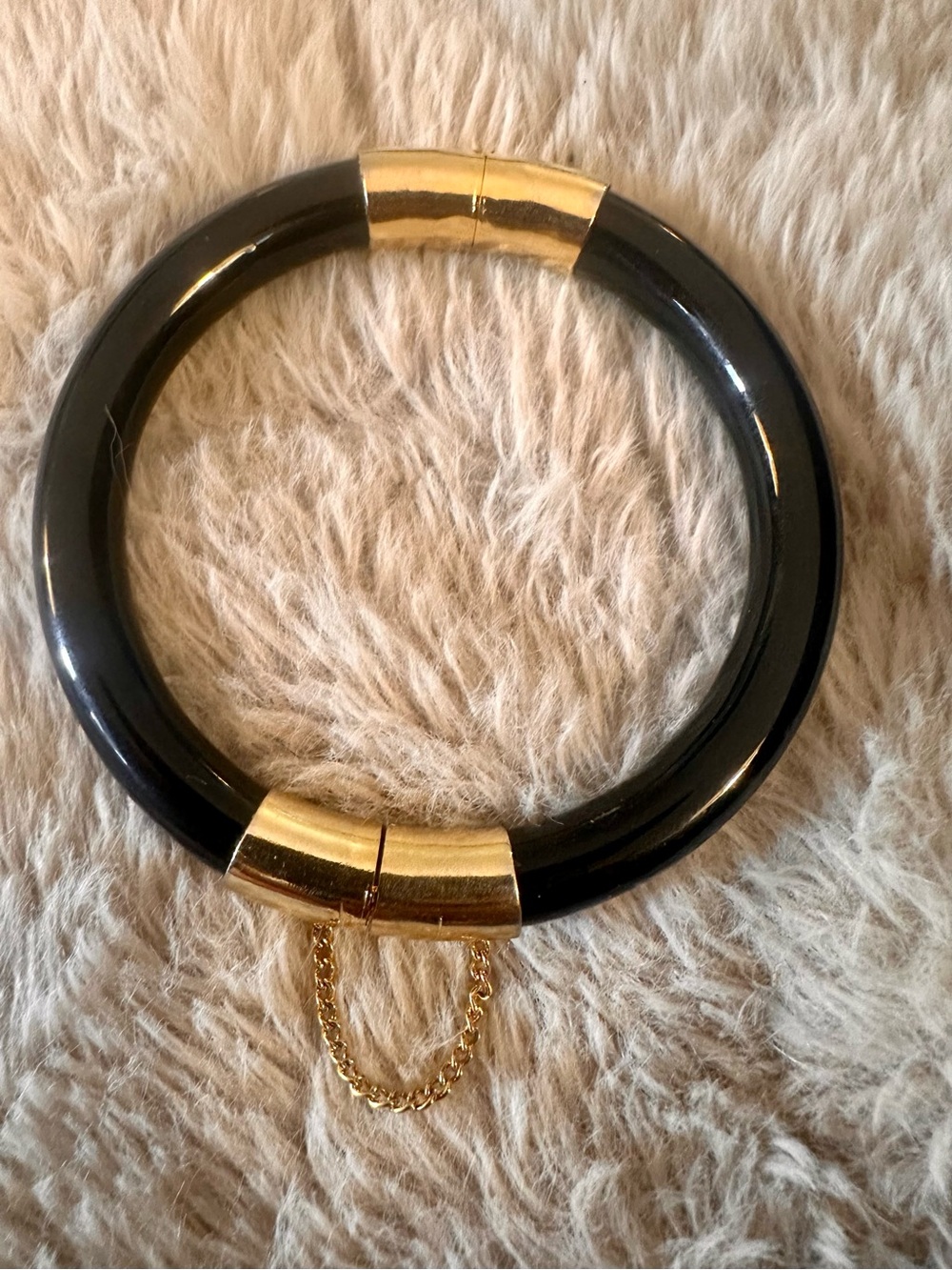 Vintage Chunky Black & Gold Hinged Bangle Bracelet